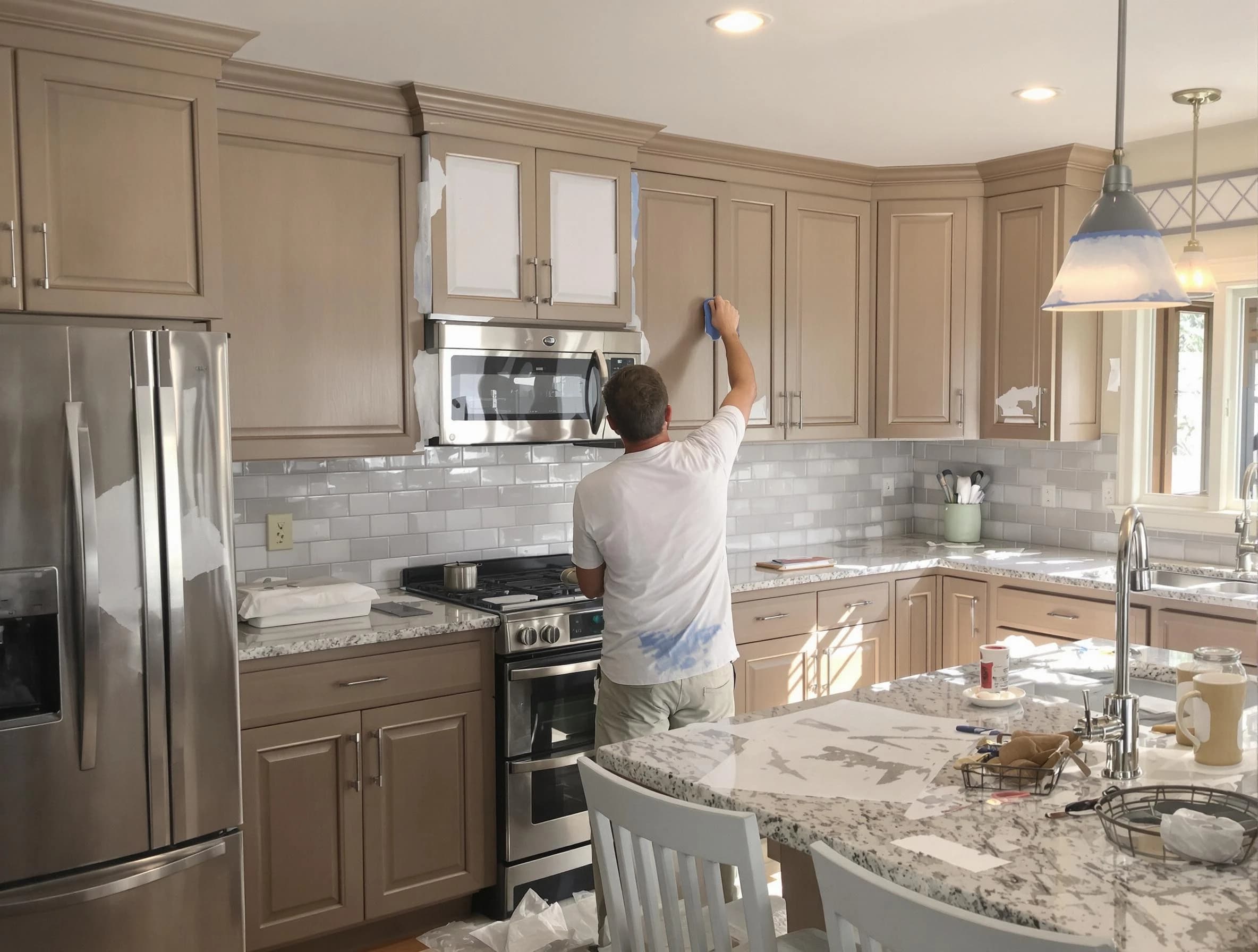 Before-and-after view of kitchen painting by Stow House Painters in Stow