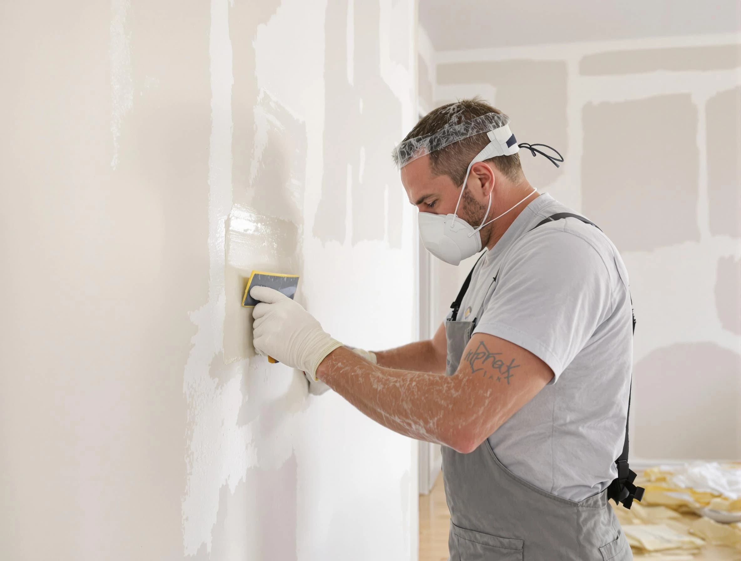 Stow House Painters technician applying mud to drywall seams in Stow, OH