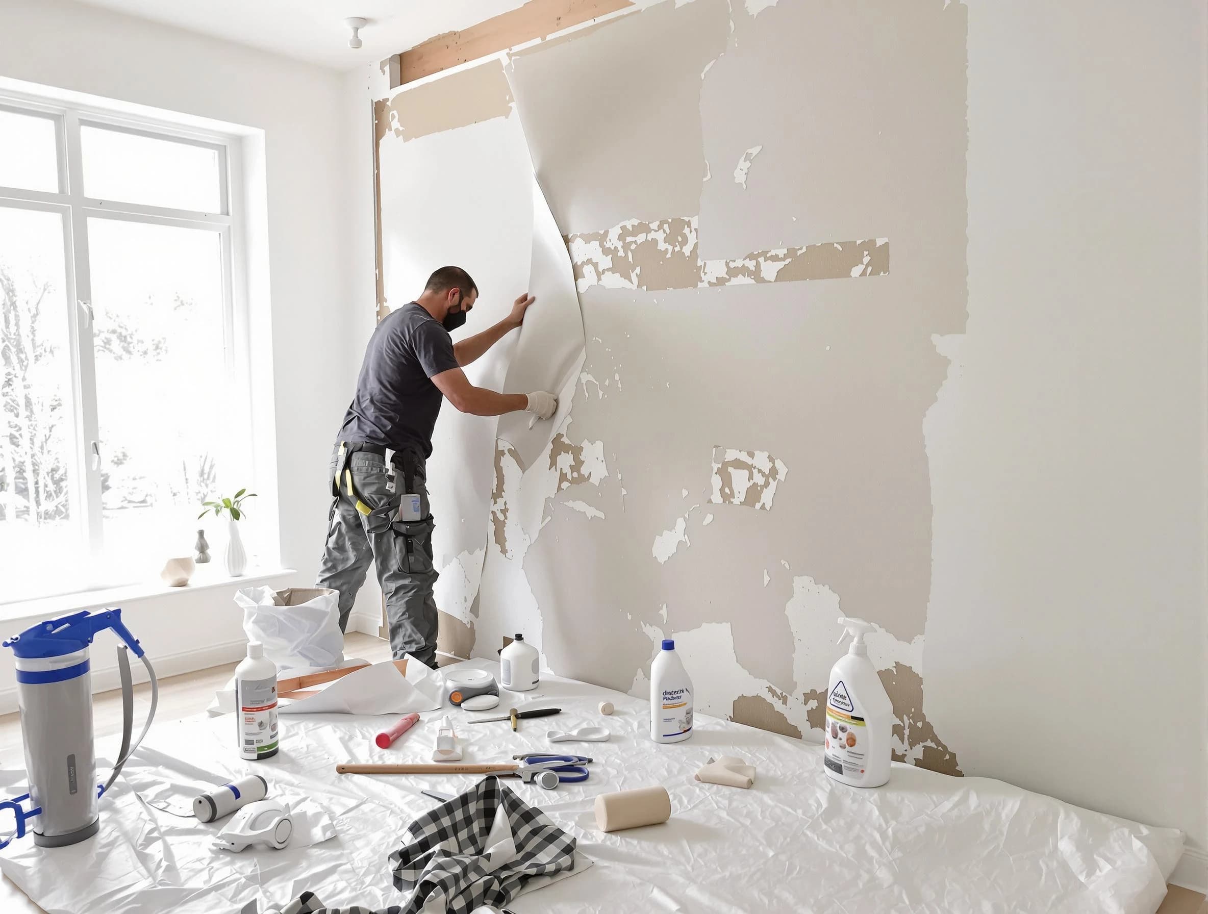 Stow House Painters technician removing wallpaper in Stow, OH