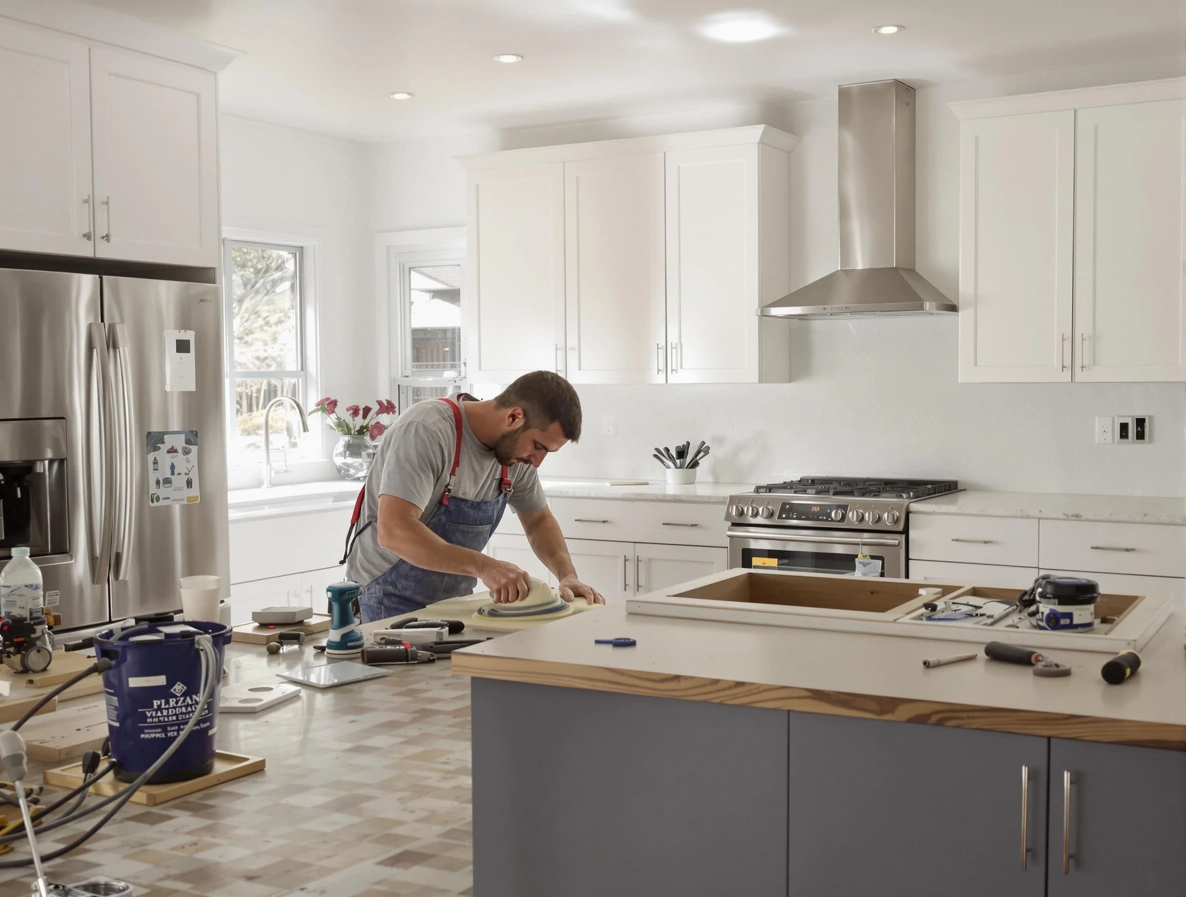 Stow House Painters refinishing kitchen cabinets in Stow, OH