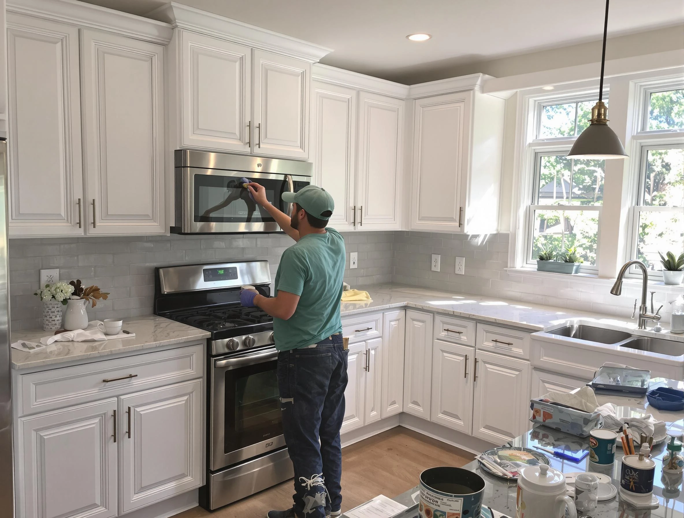 Kitchen cabinets being refinished by Stow House Painters in Stow, OH